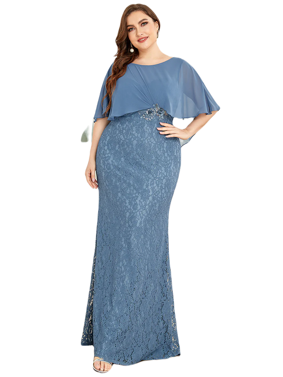 Vestido Elegante de Fiesta Largo Azul Acero Corte Sirena Capita con Olanes Curvy T Ch a Talla Extra