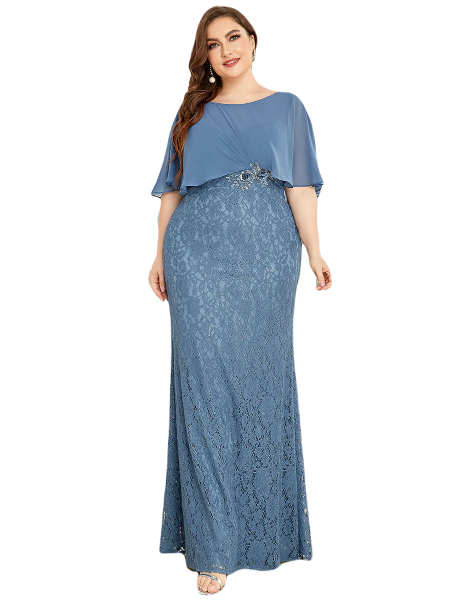 Vestido Elegante de Fiesta Largo Azul Acero Corte Sirena Capita con Olanes Curvy T Ch a Talla Extra
