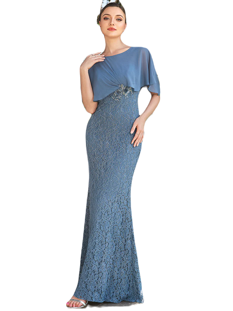 Vestido Elegante de Fiesta Largo Azul Acero Corte Sirena Capita con Olanes Curvy T Ch a Talla Extra