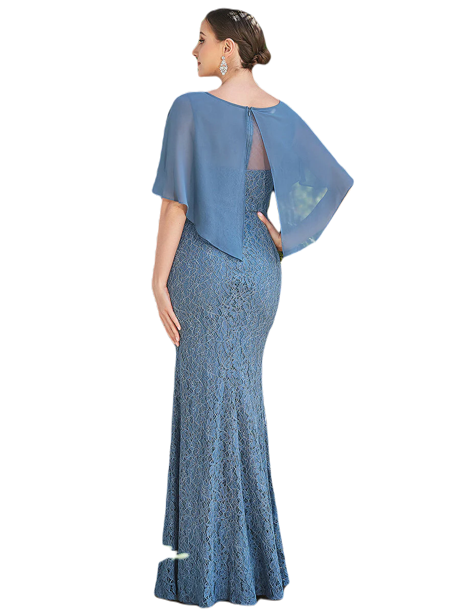 Vestido Elegante de Fiesta Largo Azul Acero Corte Sirena Capita con Olanes Curvy T Ch a Talla Extra