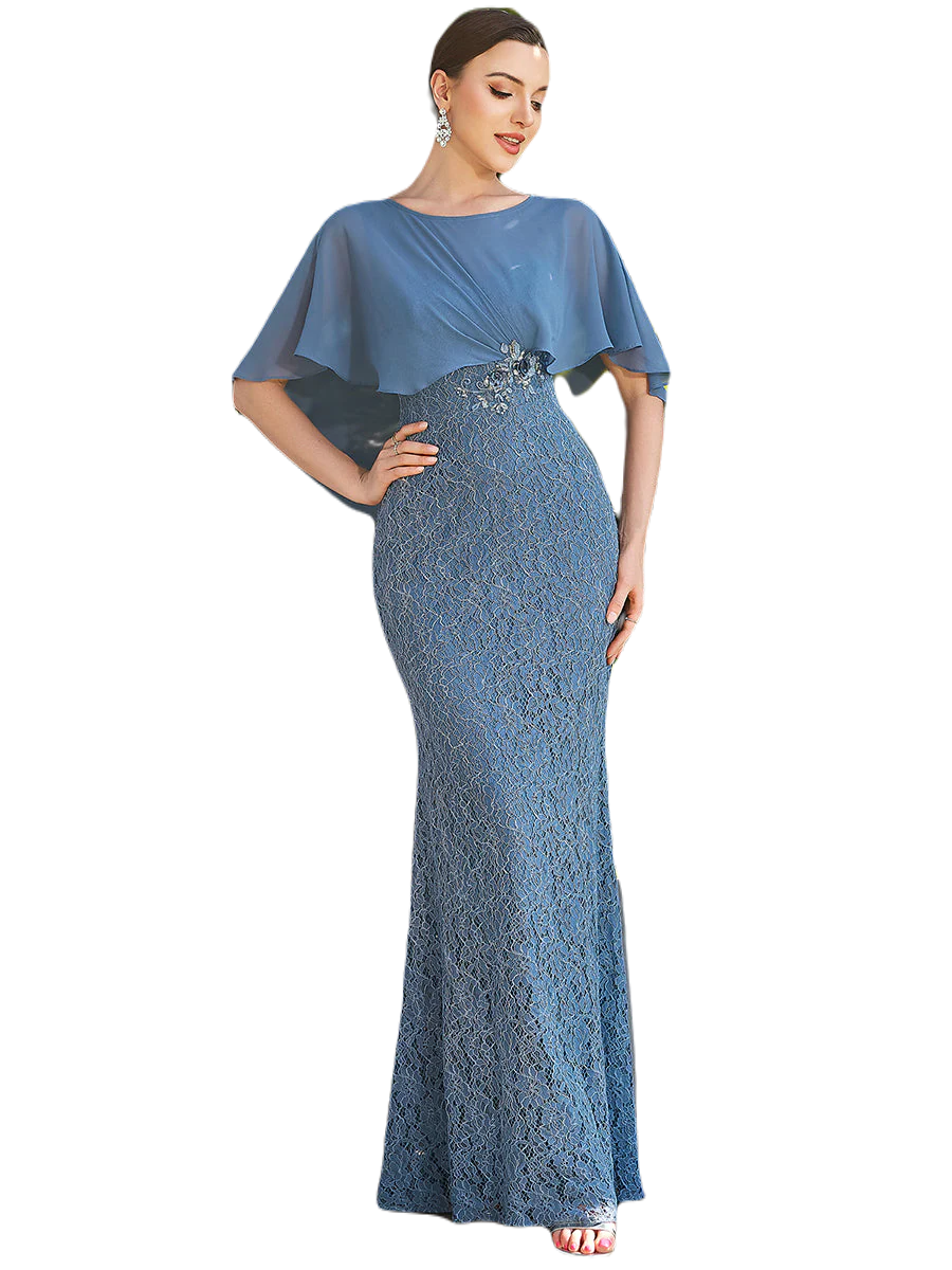 Vestido Elegante de Fiesta Largo Azul Acero Corte Sirena Capita con Olanes Curvy T Ch a Talla Extra