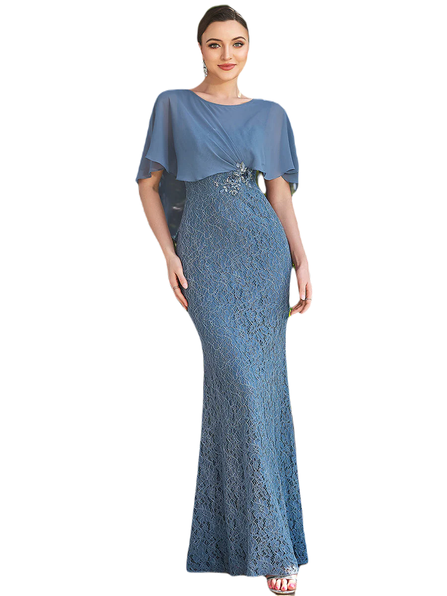 Vestido Elegante de Fiesta Largo Azul Acero Corte Sirena Capita con Olanes Curvy T Ch a Talla Extra