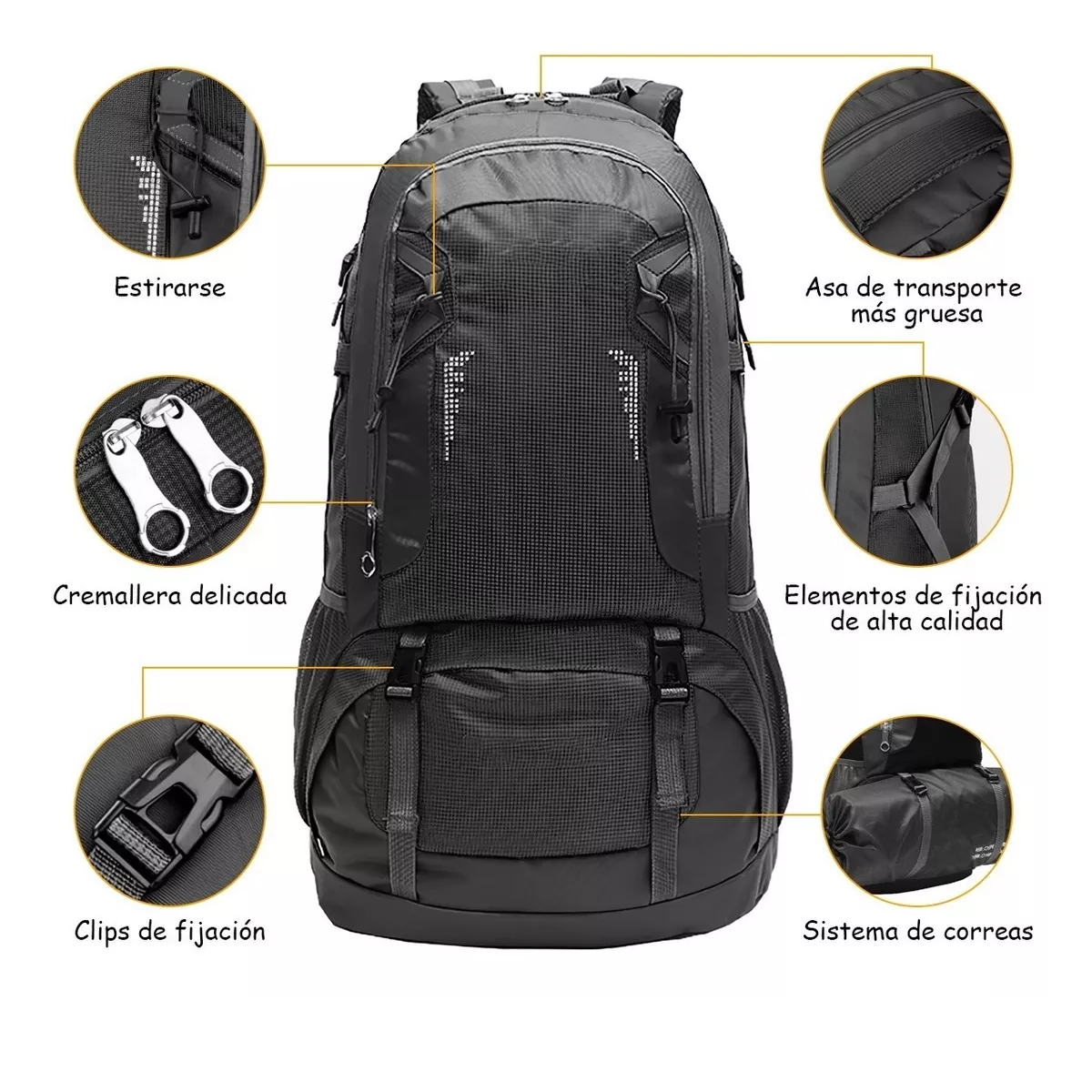 Mochila de Senderismo 75L (70L+5L) con Funda Impermeable para Viaje y  Campismo para Hombre y Mujer con Multiples Compartimentos Color Negro