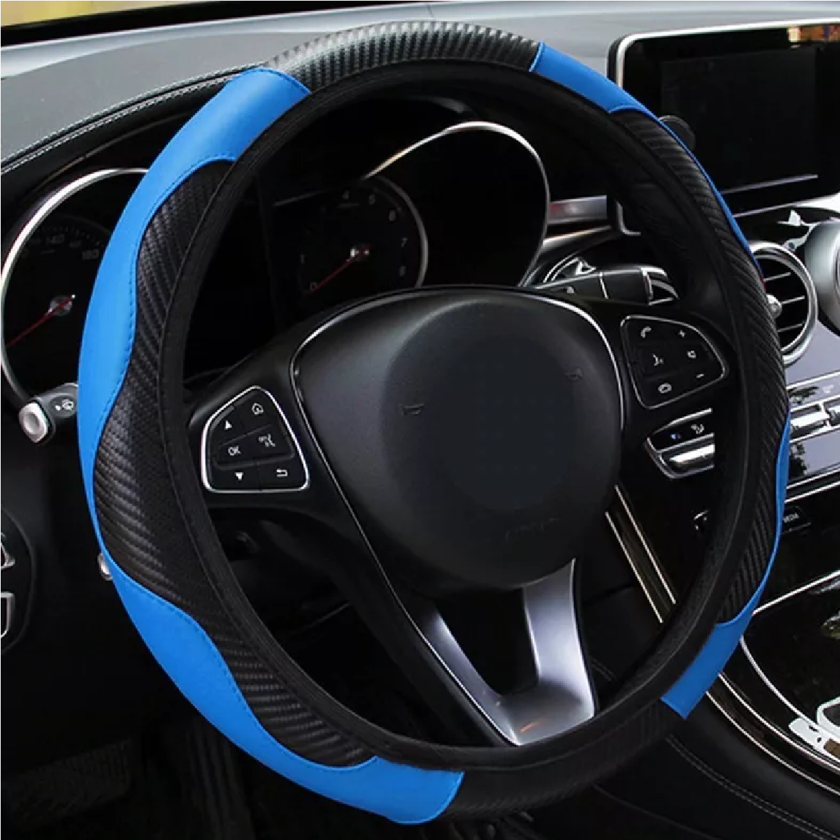 Funda Cubre Volante Deportivo Protector Antiderrapante Auto Azul y Negro