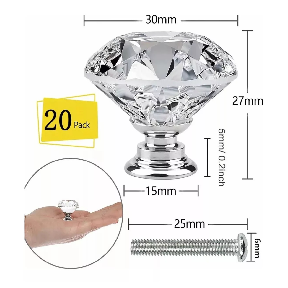 Set Pomo Tirador De Cajón De Cristal Perilla Manijas 30mm, 20pzs