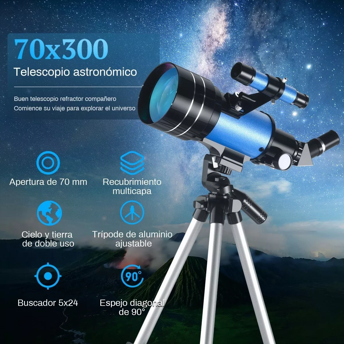 15X-150X Telescopio Astronómico Refractor Portátil de 70 mm con