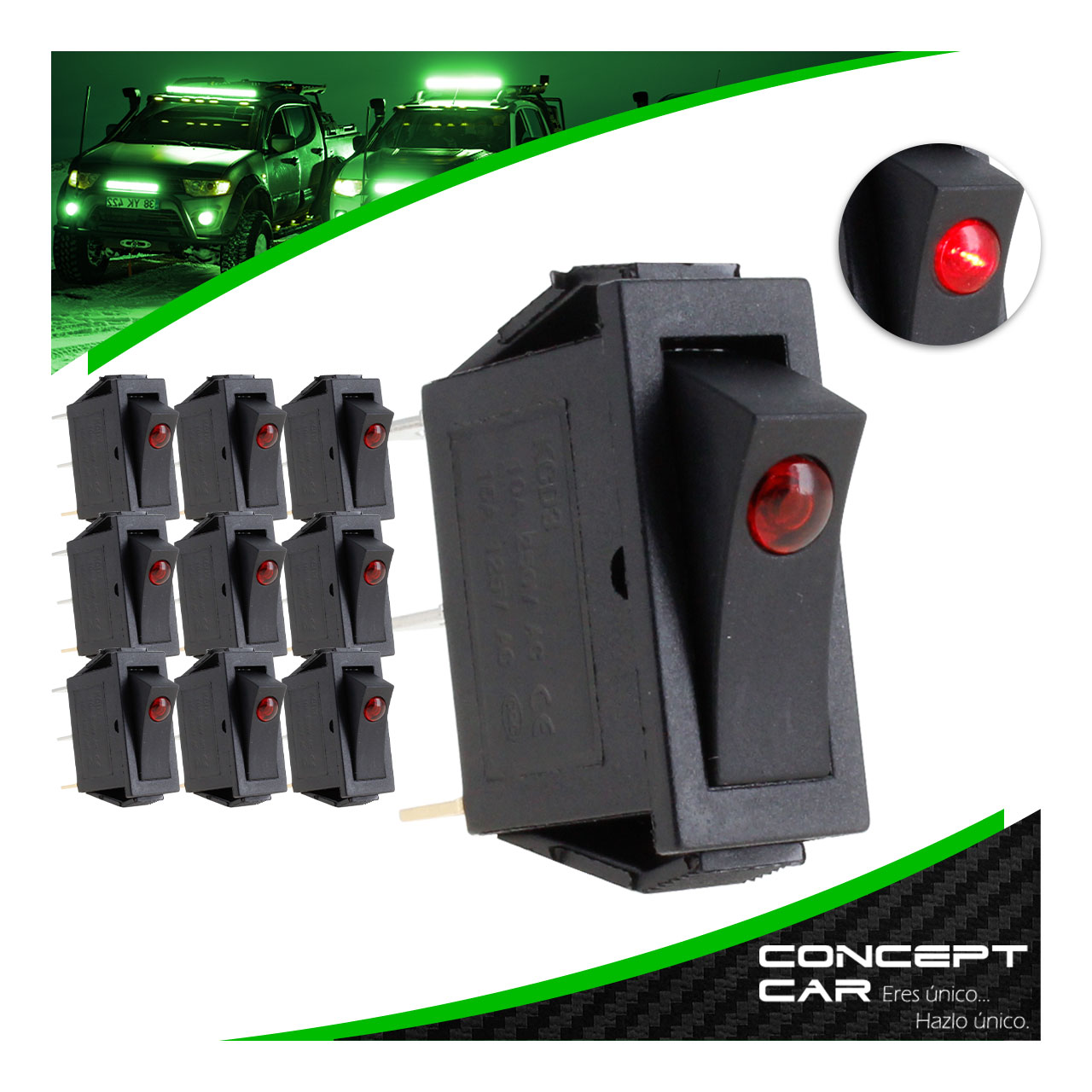 10 Switch Interruptor Encendido Rectangular Negro Rojo Con Luz