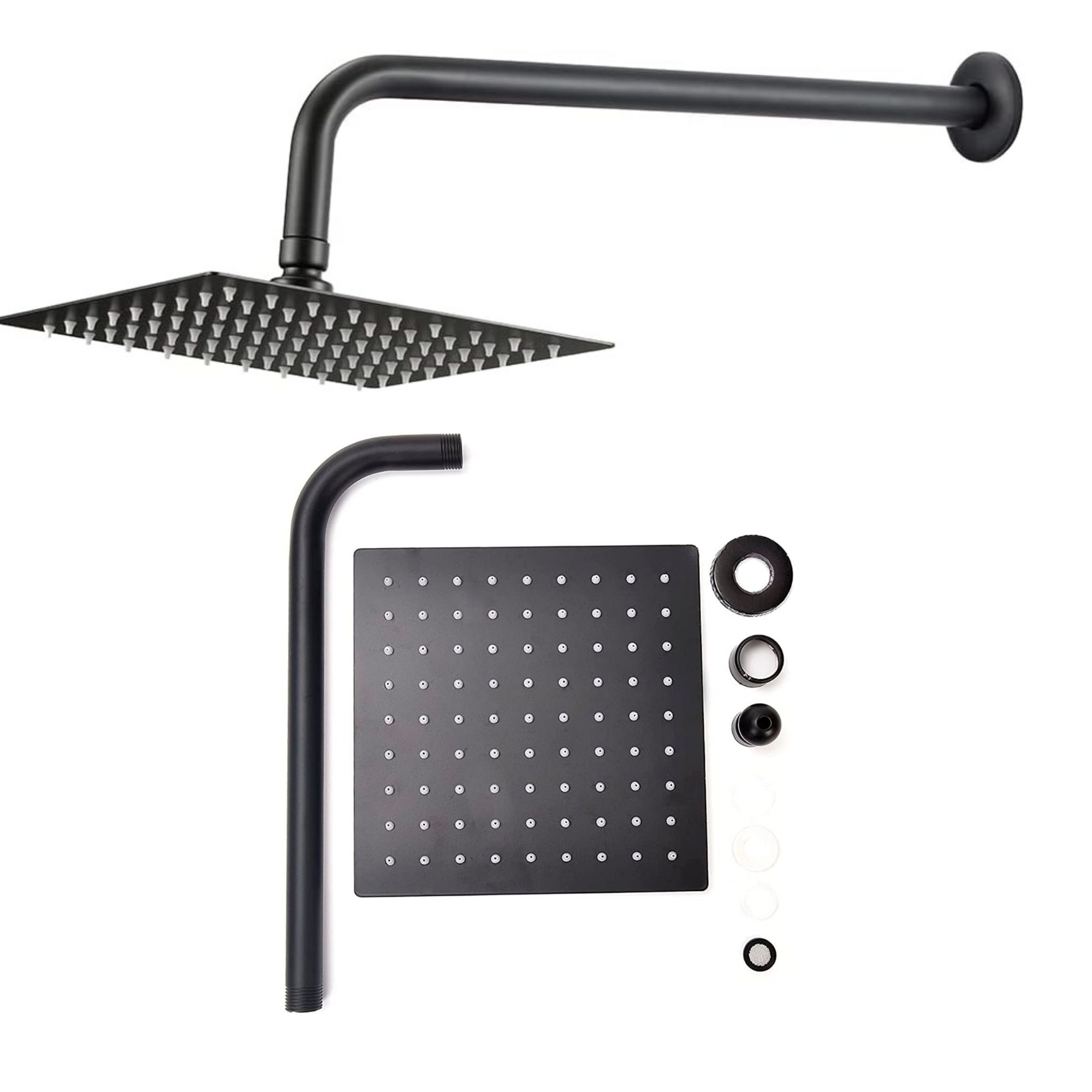 Regadera Cuadrada Tipo Lluvia Negro Mate Con Tubo 40 Cm