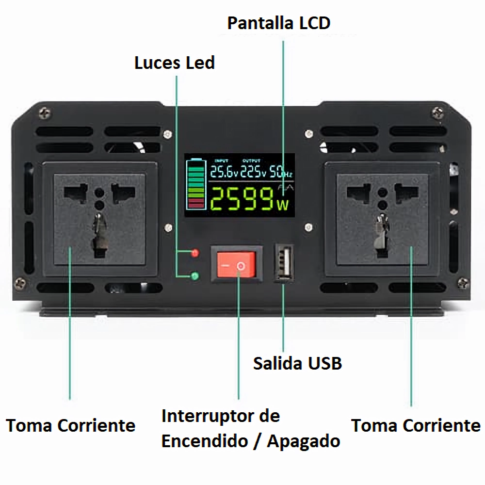 Inversor de Onda Pura 3000 Watts para Paneles Solares con Pantalla Display Sistema de Enfriamiento Inteligente Puertos USB de Carga Rapida Alta Resistencia a la Intemperie y Avanzados Sistemas de Proteccíon Master EL-INVP3000W