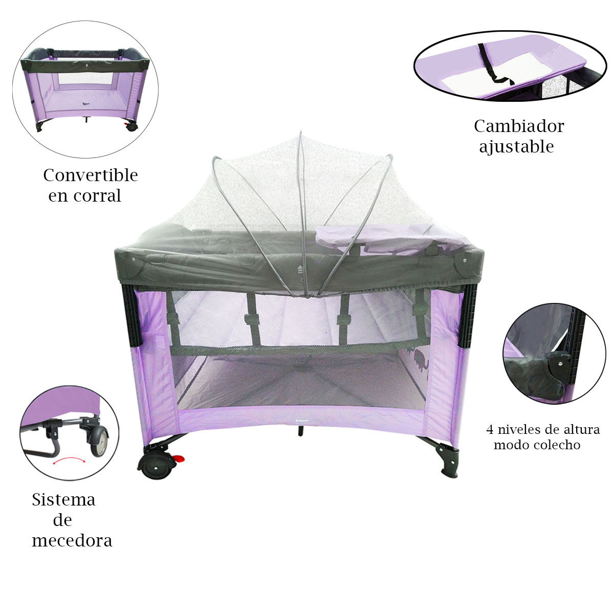 Cuna Corral Prinsel Mecedora Colecho Girl Lila Morado
