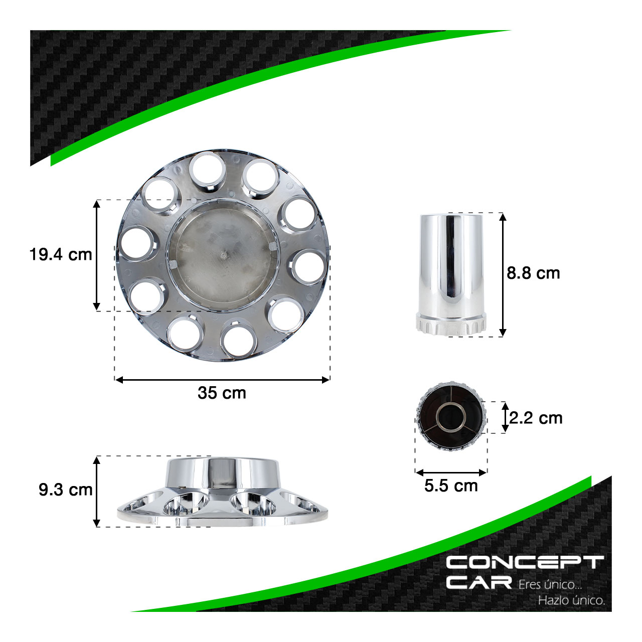 Bombin Cromado Tapa Masa Con Capuchones Unemon Delantero