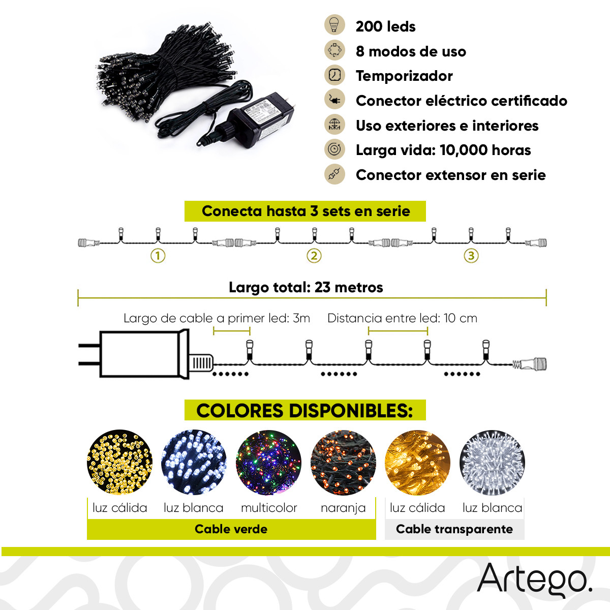 Luces serie de navidad 200 led interior exterior Decoración árbol de navidad eventos bodas LED christmas string lights con temporizador Artego Multicolor