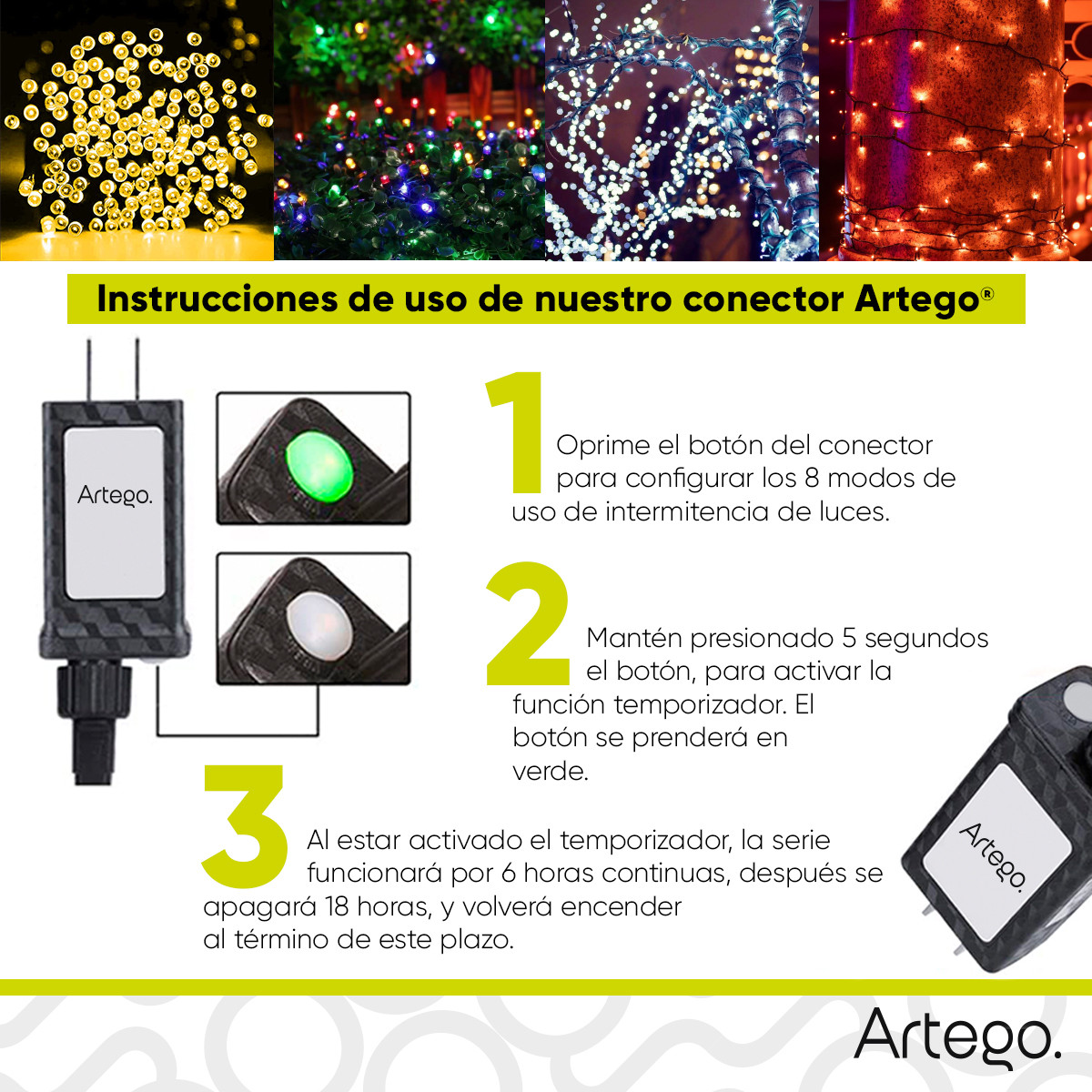 Luces serie de navidad 200 led interior exterior Decoración árbol de navidad eventos bodas LED christmas string lights con temporizador Artego Multicolor