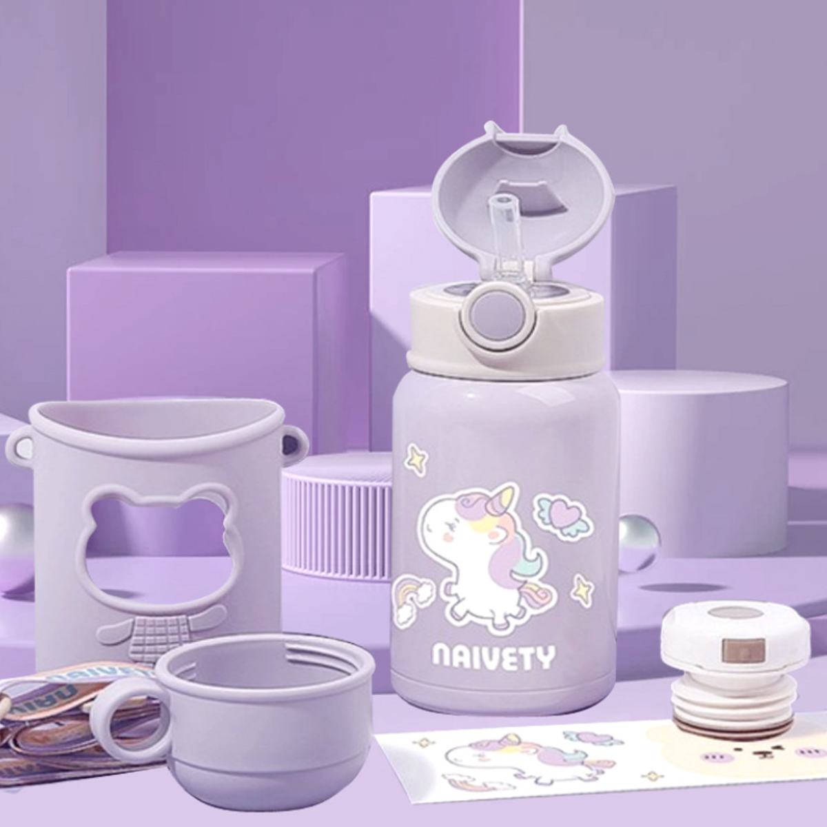 Termo Para Frio Y Caliente Niños Varios Diseños Morado Lila 2en1