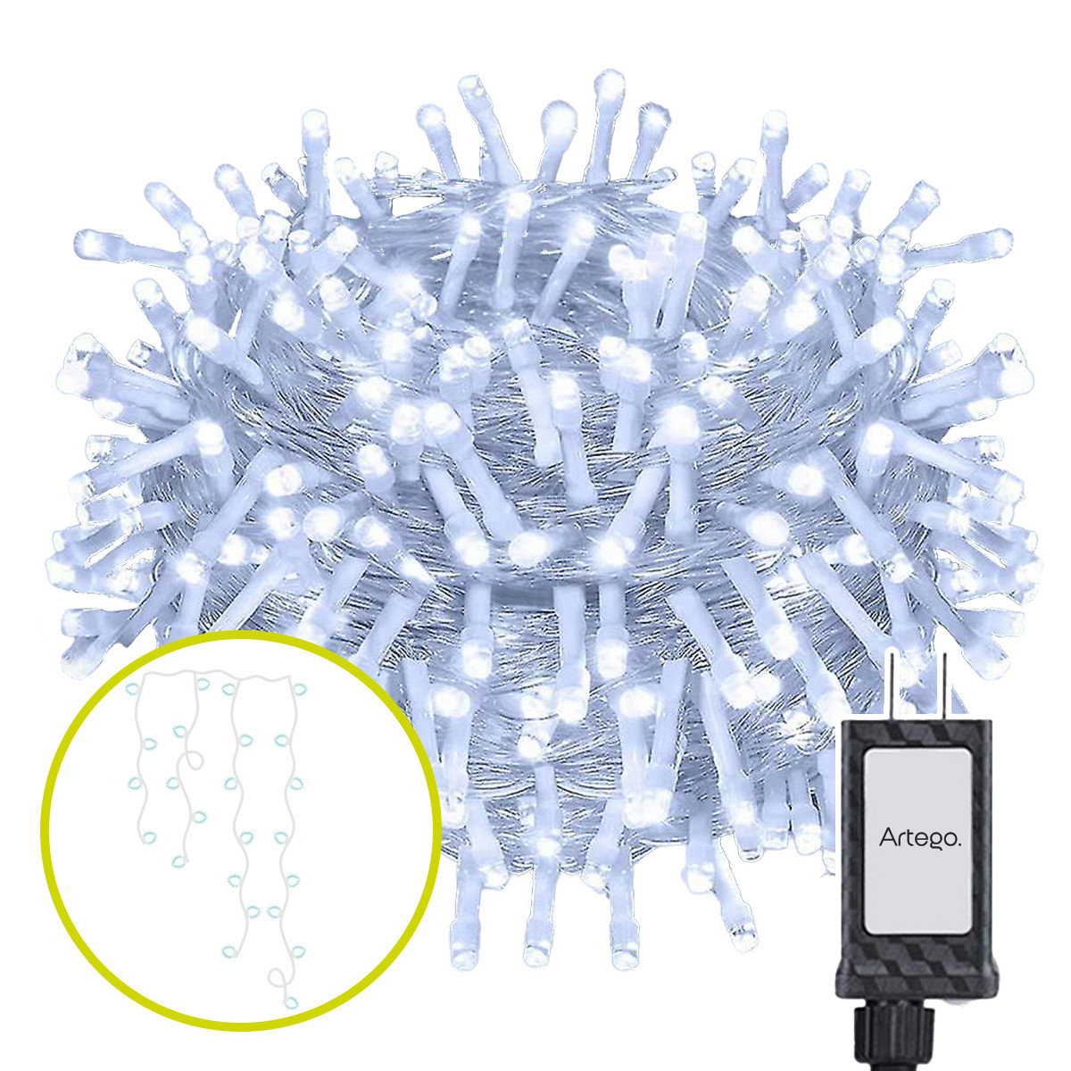 Luces Serie de Navidad tipo cascada 192 LED 5m cable transparente interior/exterior 8 modos de uso con temporizador Artego Decoración Navidad eventos bodas LED Christmas string icicle lights Blanca