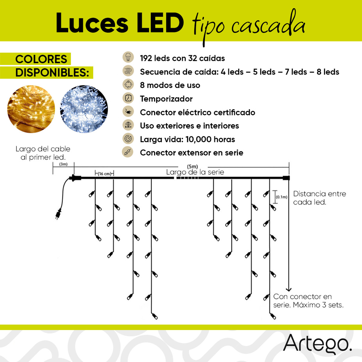 Luces Serie de Navidad tipo cascada 192 LED 5m cable transparente interior/exterior 8 modos de uso con temporizador Artego Decoración Navidad eventos bodas LED Christmas string icicle lights Blanca