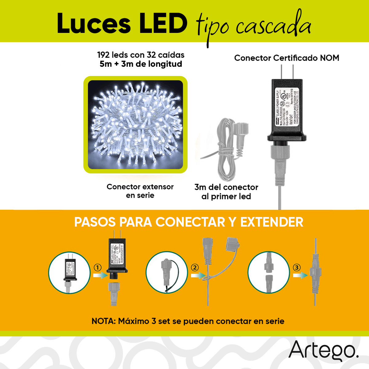 Luces Serie de Navidad tipo cascada 192 LED 5m cable transparente interior/exterior 8 modos de uso con temporizador Artego Decoración Navidad eventos bodas LED Christmas string icicle lights Blanca