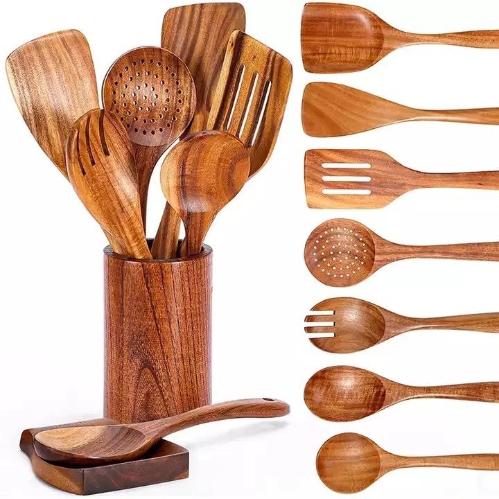 Juego De Utensilios De Madera Teca Para Cocinar. 9 Piezas
