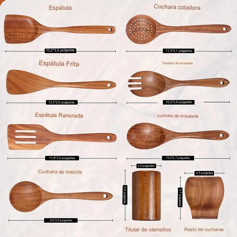 Juego De Utensilios De Madera Teca Para Cocinar. 9 Piezas