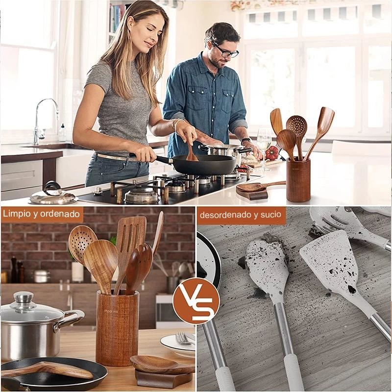 Juego De Utensilios De Madera Teca Para Cocinar. 9 Piezas