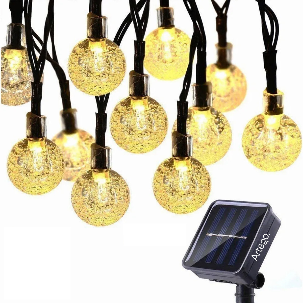 Luces de navidad solares 100 led esferas bola cristal copo de nieve snowflake style 8 modos de uso para exteriores Guirnalda de luces Amarillo