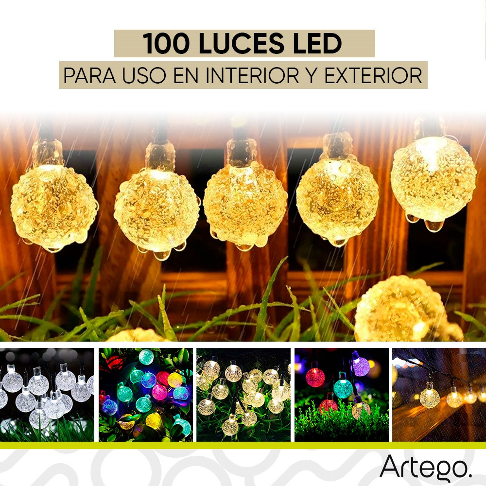 Luces de navidad solares 100 led esferas bola cristal copo de nieve snowflake style 8 modos de uso para exteriores Guirnalda de luces Amarillo