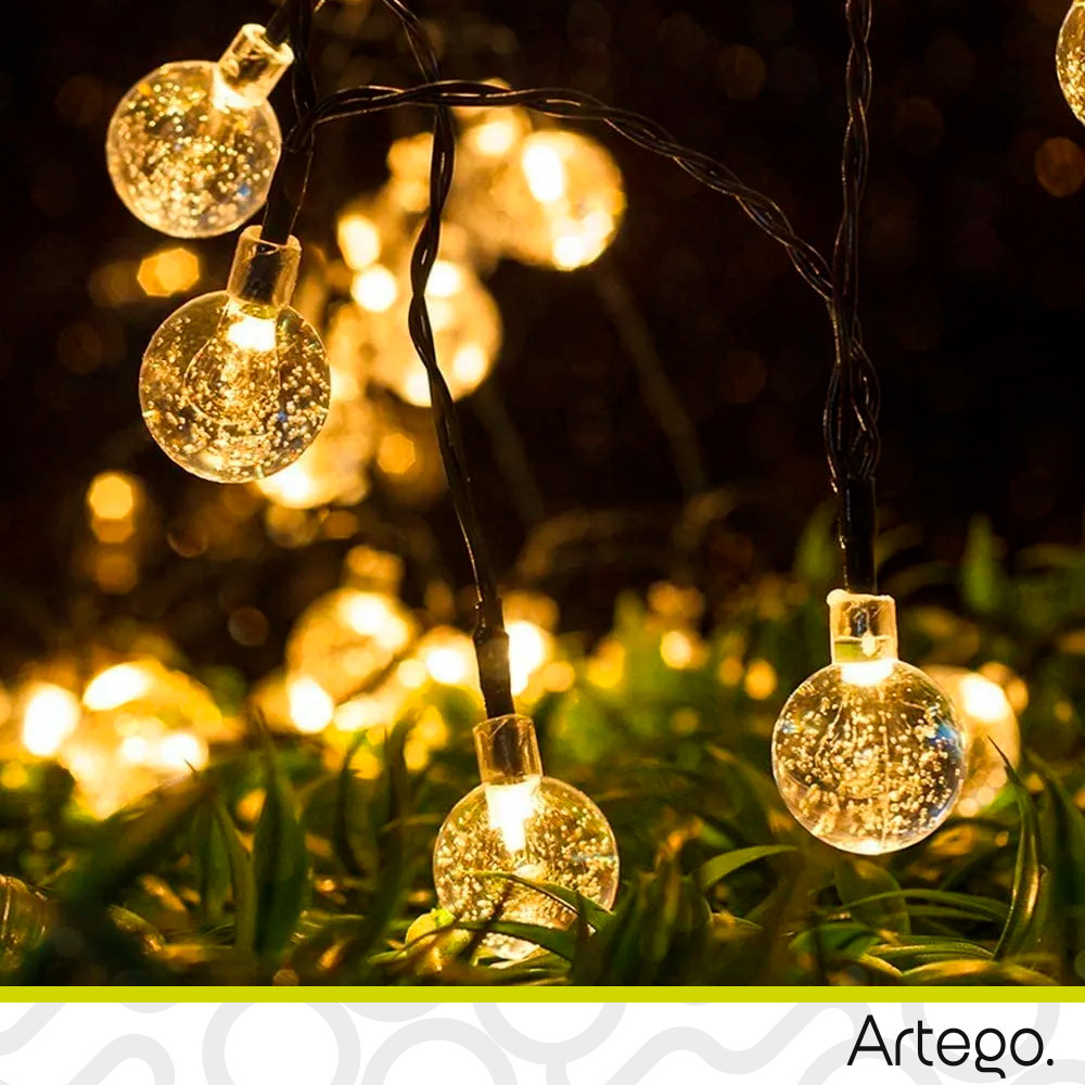 Luces de navidad solares 100 led esferas bola cristal copo de nieve snowflake style 8 modos de uso para exteriores Guirnalda de luces Amarillo