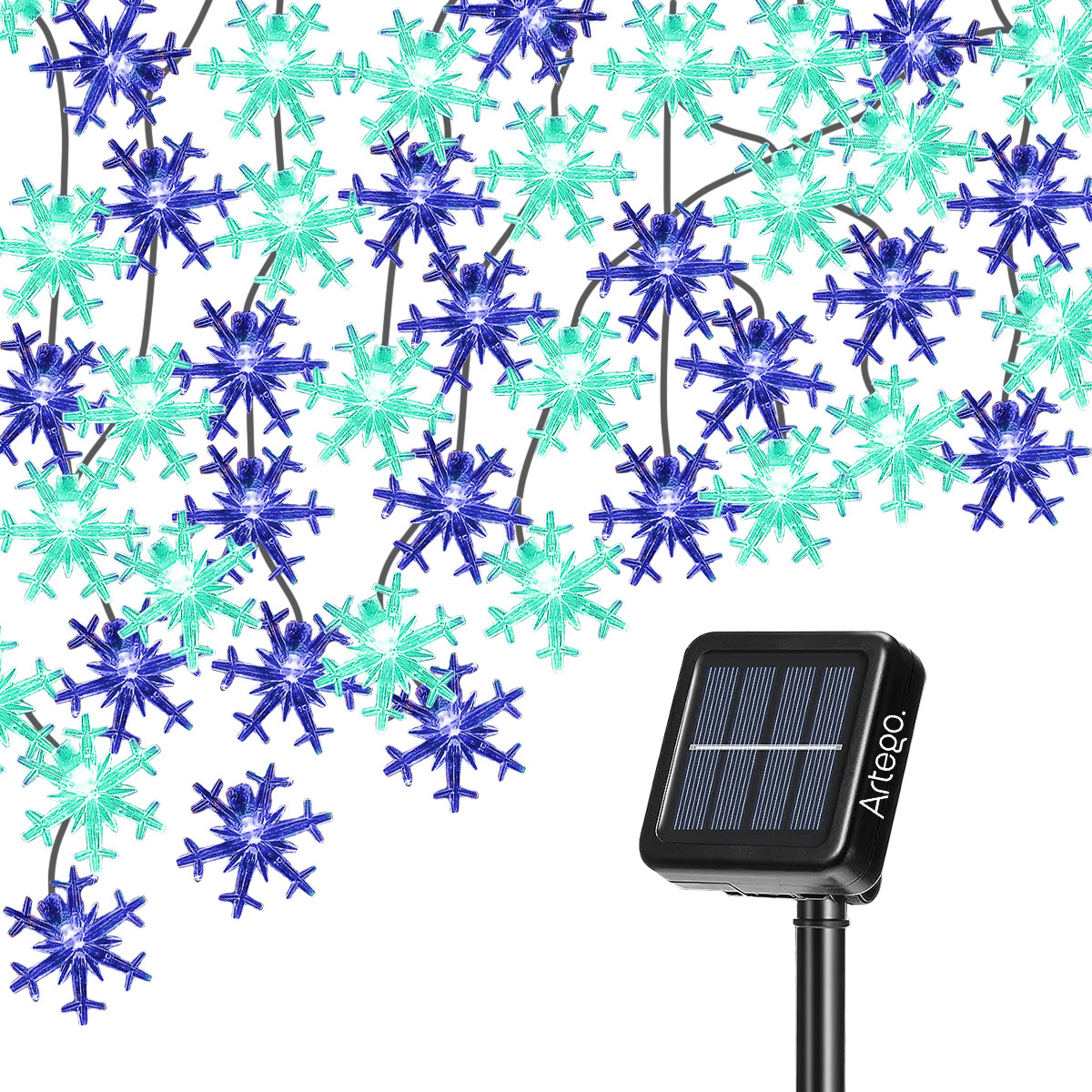 Luces de navidad solares 100 led esferas bola cristal copo de nieve snowflake style 8 modos de uso para exteriores Guirnalda de luces Copo de Nieve Azul Verde