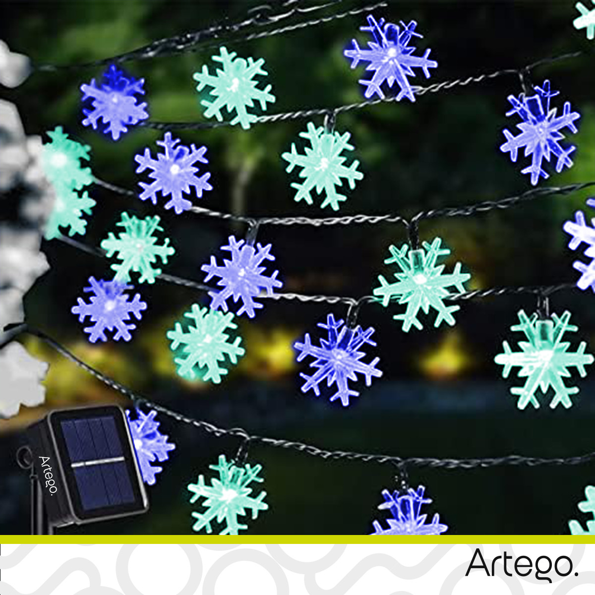 Luces de navidad solares 100 led esferas bola cristal copo de nieve snowflake style 8 modos de uso para exteriores Guirnalda de luces Copo de Nieve Azul Verde