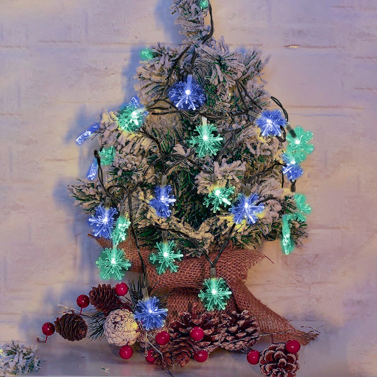 Luces de navidad solares 100 led esferas bola cristal copo de nieve snowflake style 8 modos de uso para exteriores Guirnalda de luces Copo de Nieve Azul Verde