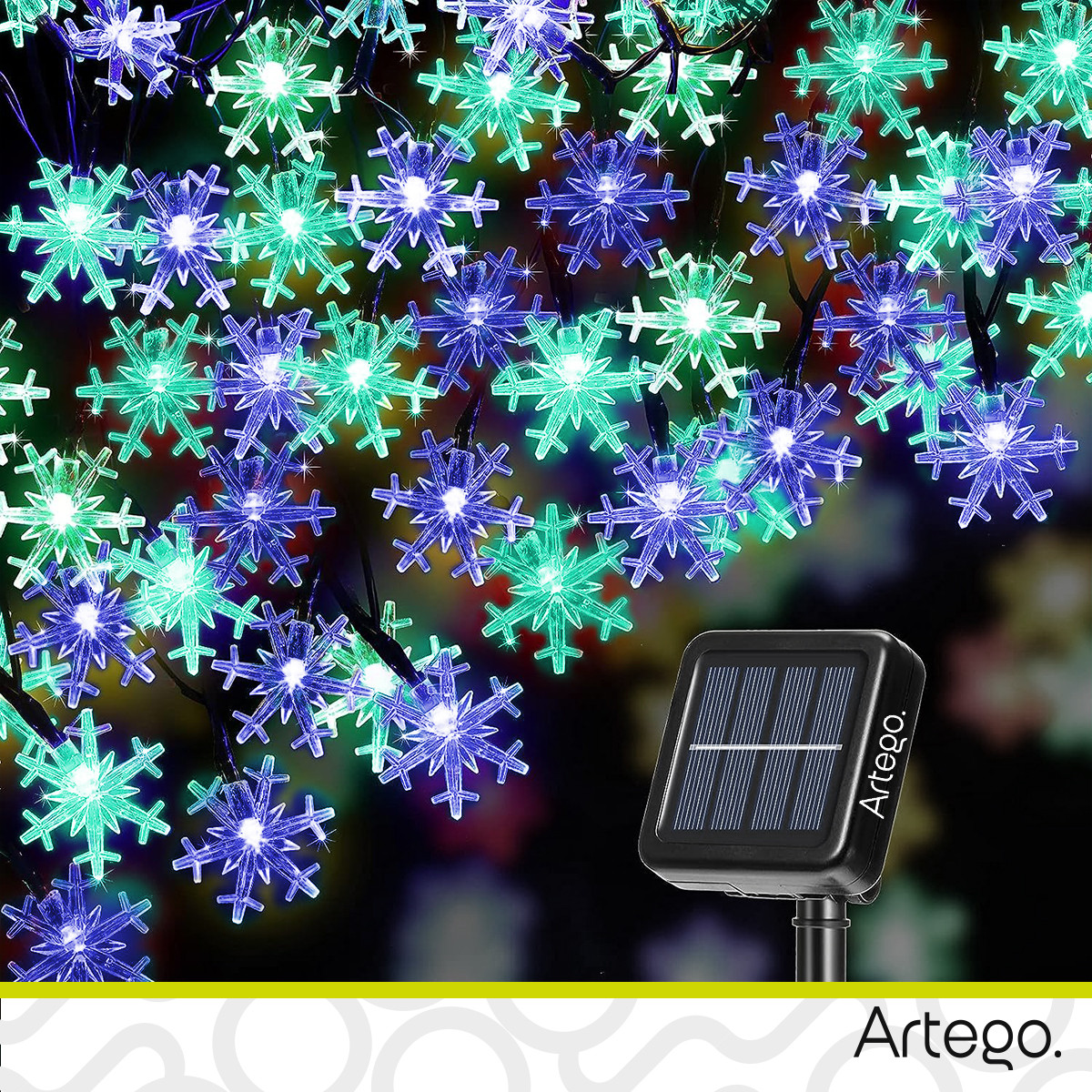 Luces de navidad solares 100 led esferas bola cristal copo de nieve snowflake style 8 modos de uso para exteriores Guirnalda de luces Copo de Nieve Azul Verde