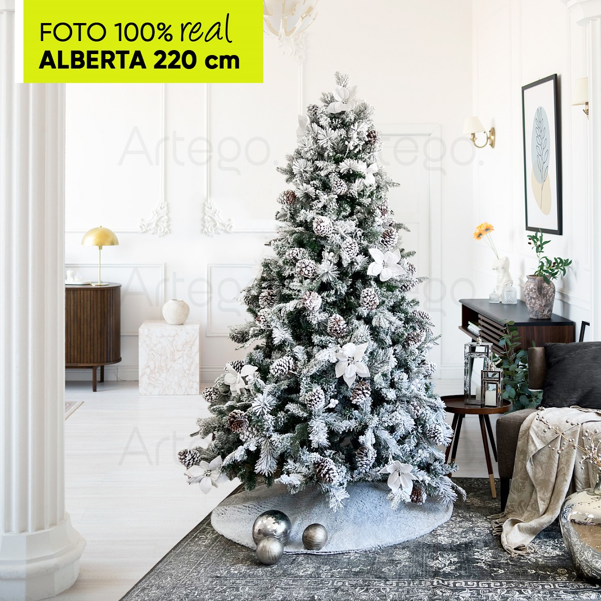 Árbol de Navidad Nevado Alberta Spruce frondoso 1600 ramas Piña gigante premium incluye maleta - 220cm Artego