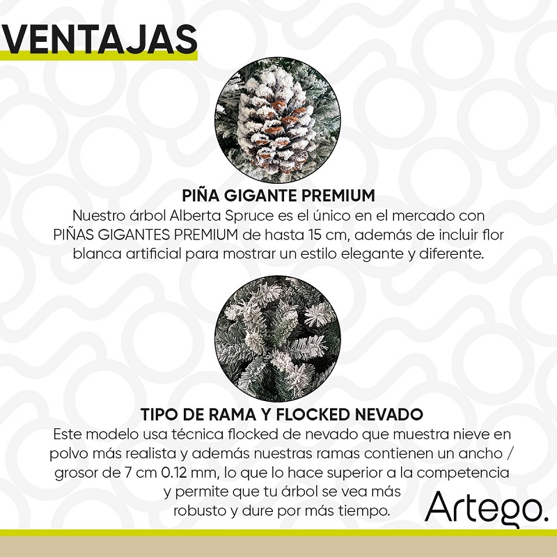 Árbol de Navidad Nevado Alberta Spruce frondoso 1600 ramas Piña gigante premium incluye maleta - 220cm Artego