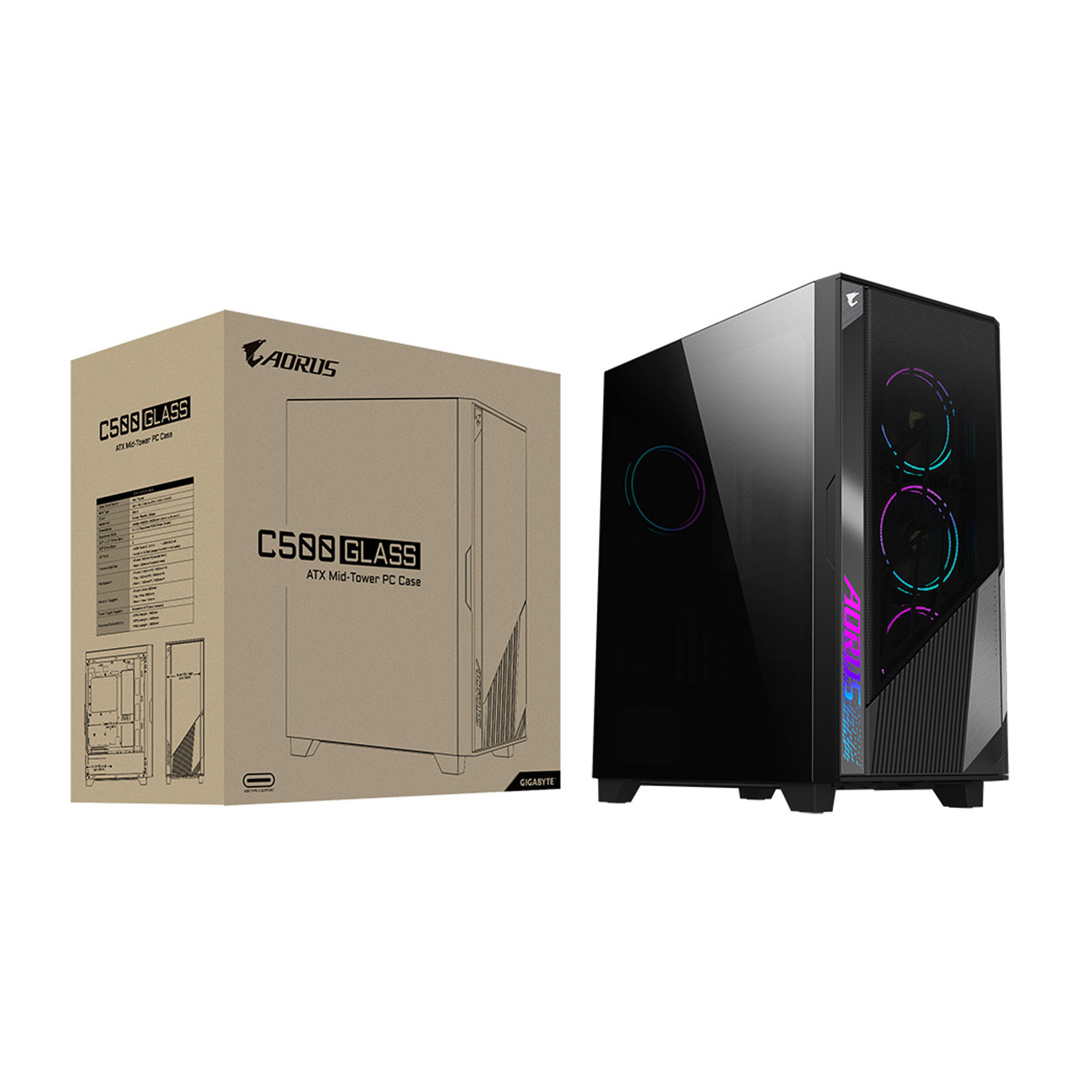 Gabinete AORUS C500 Glass con Ventana RGB Midi-Tower Mini-ITX USB 3.0 sin Fuente ARGB Negro