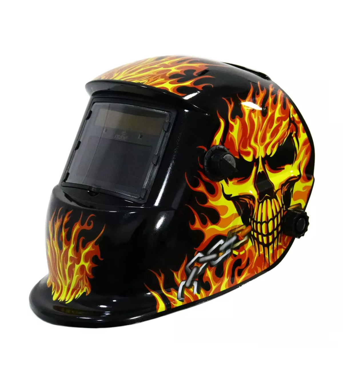 Careta De Soldar Automatica Profesional Mod. 6  Calabera Roja, Llamas y Cadena