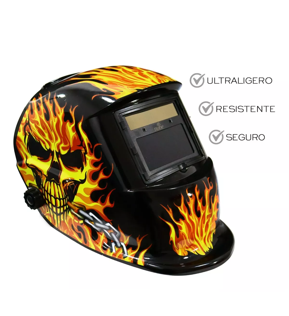 Careta De Soldar Automatica Profesional Mod. 6  Calabera Roja, Llamas y Cadena
