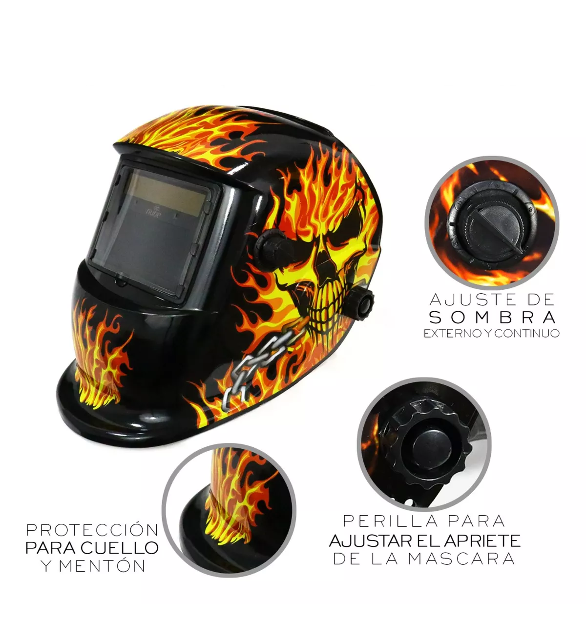 Careta De Soldar Automatica Profesional Mod. 6  Calabera Roja, Llamas y Cadena