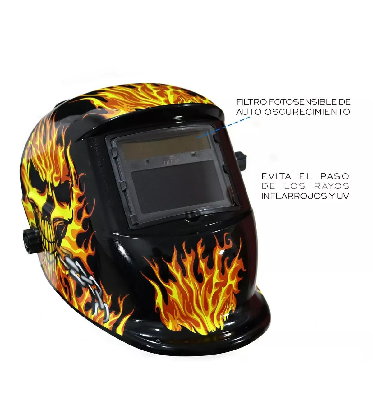 Careta De Soldar Automatica Profesional Mod. 6  Calabera Roja, Llamas y Cadena
