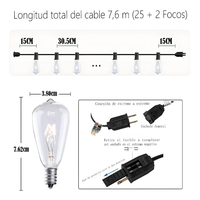 Guirnalda De Luces 25+2 St-38 Focos Exterior Vintage Jardin