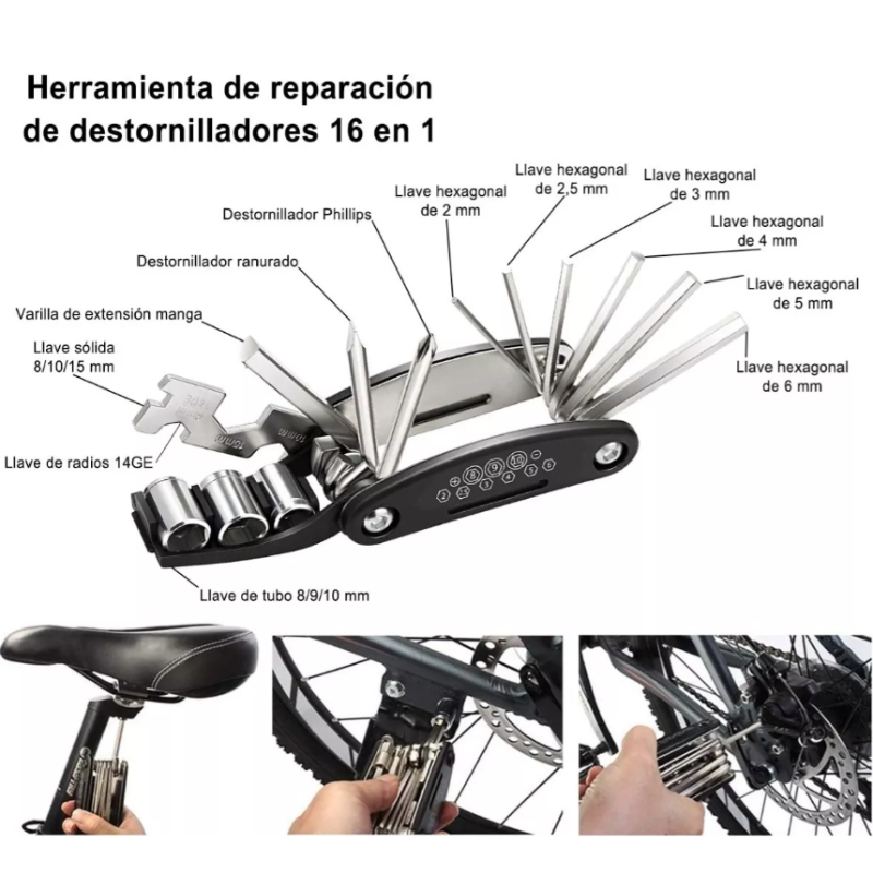 Kit De Herramientas Para Bicicletas Reparación 16 En 1.