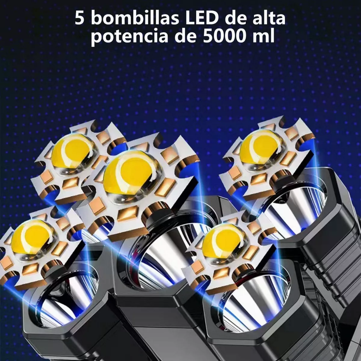 Lampara de Cabeza Recargable de 5 Focos Luz Minera LED Alta Potencia