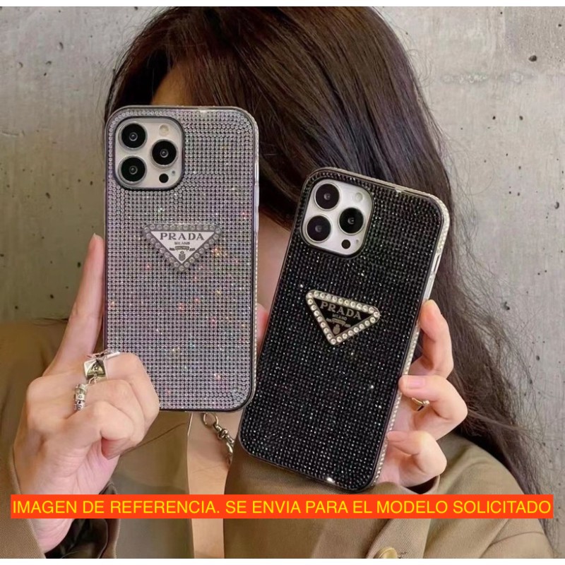 Case iPhone 14 Plus 6.7 Prada Plata Piedras Funda Protector