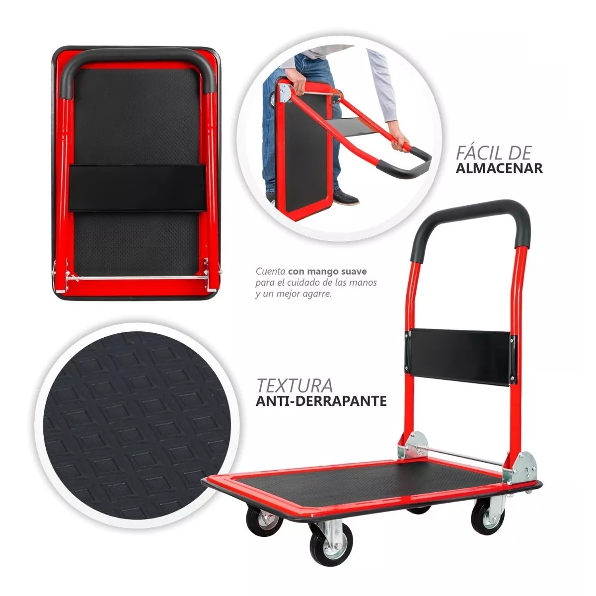 Carrito Plegable De Carga Plataforma Diablito Patin De Acero Rojo