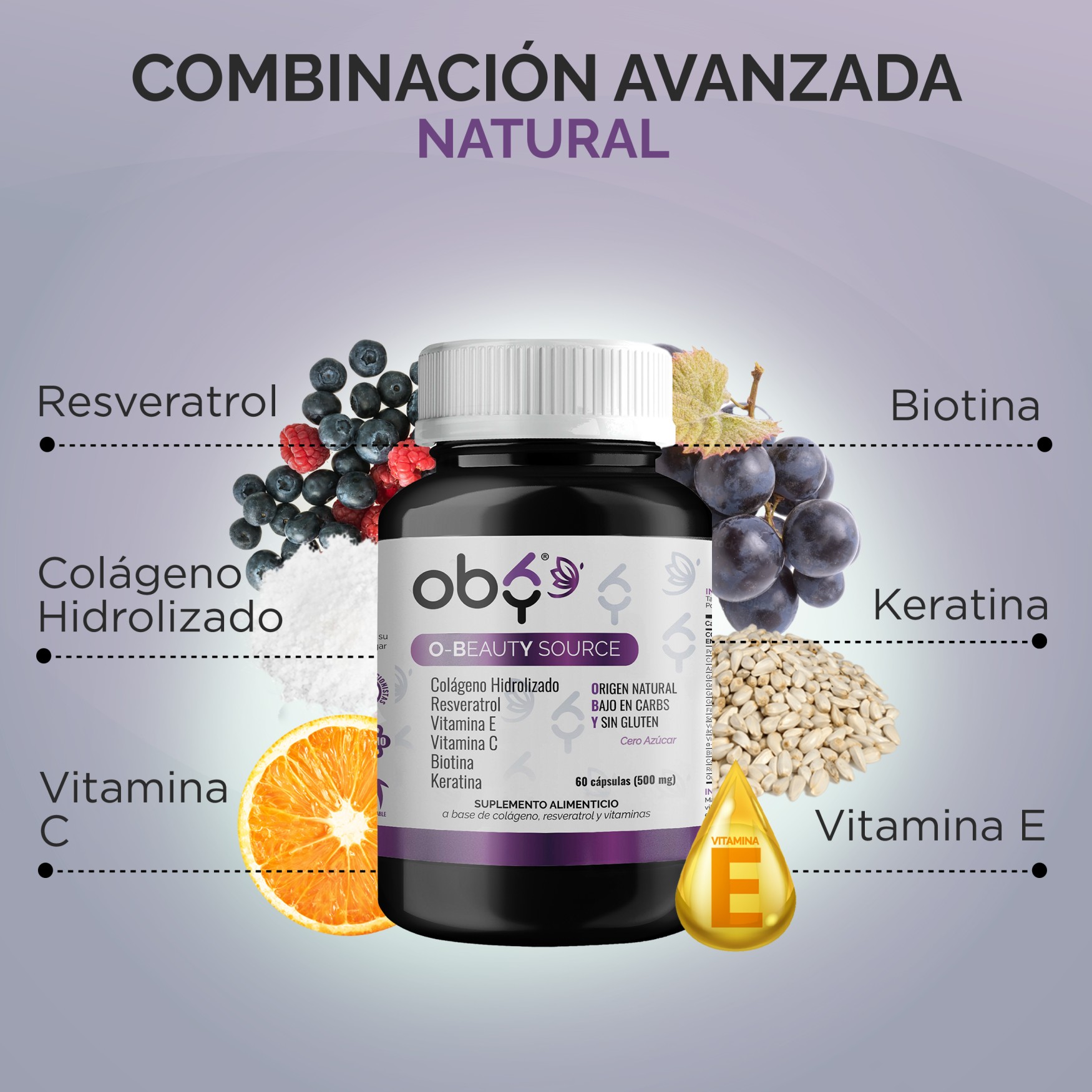 OBY Beauty | Capsulas con Colageno Hidrolizado, Biotina, Vitamina C, Vitamina E, Resveratrol y Keratina | Para Cabello, Piel y Uñas | Multivitaminico Mujer Hair Skin and Nails