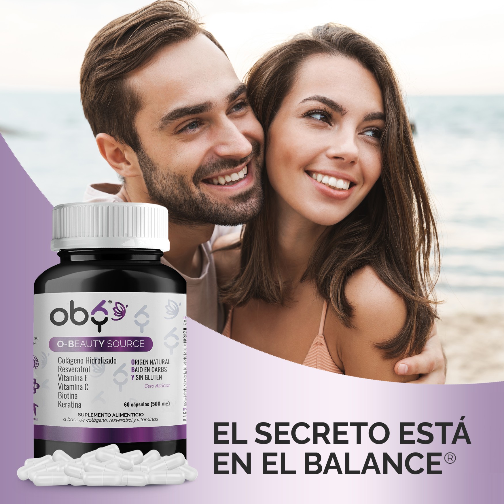 OBY Beauty | Capsulas con Colageno Hidrolizado, Biotina, Vitamina C, Vitamina E, Resveratrol y Keratina | Para Cabello, Piel y Uñas | Multivitaminico Mujer Hair Skin and Nails