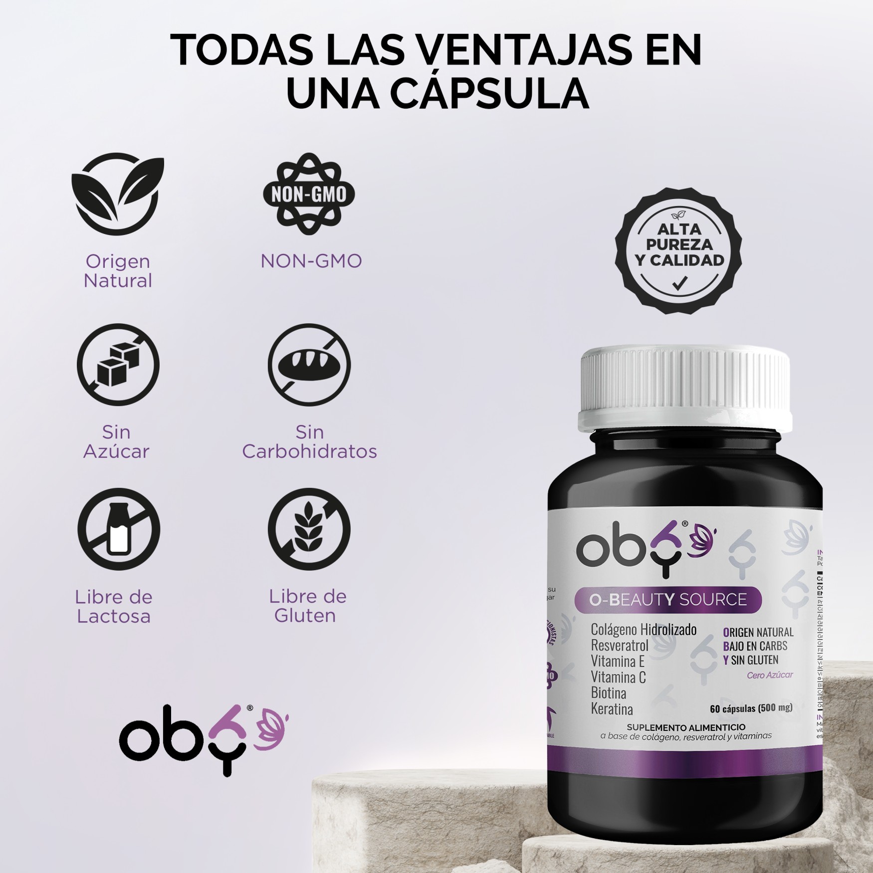 OBY Beauty | Capsulas con Colageno Hidrolizado, Biotina, Vitamina C, Vitamina E, Resveratrol y Keratina | Para Cabello, Piel y Uñas | Multivitaminico Mujer Hair Skin and Nails