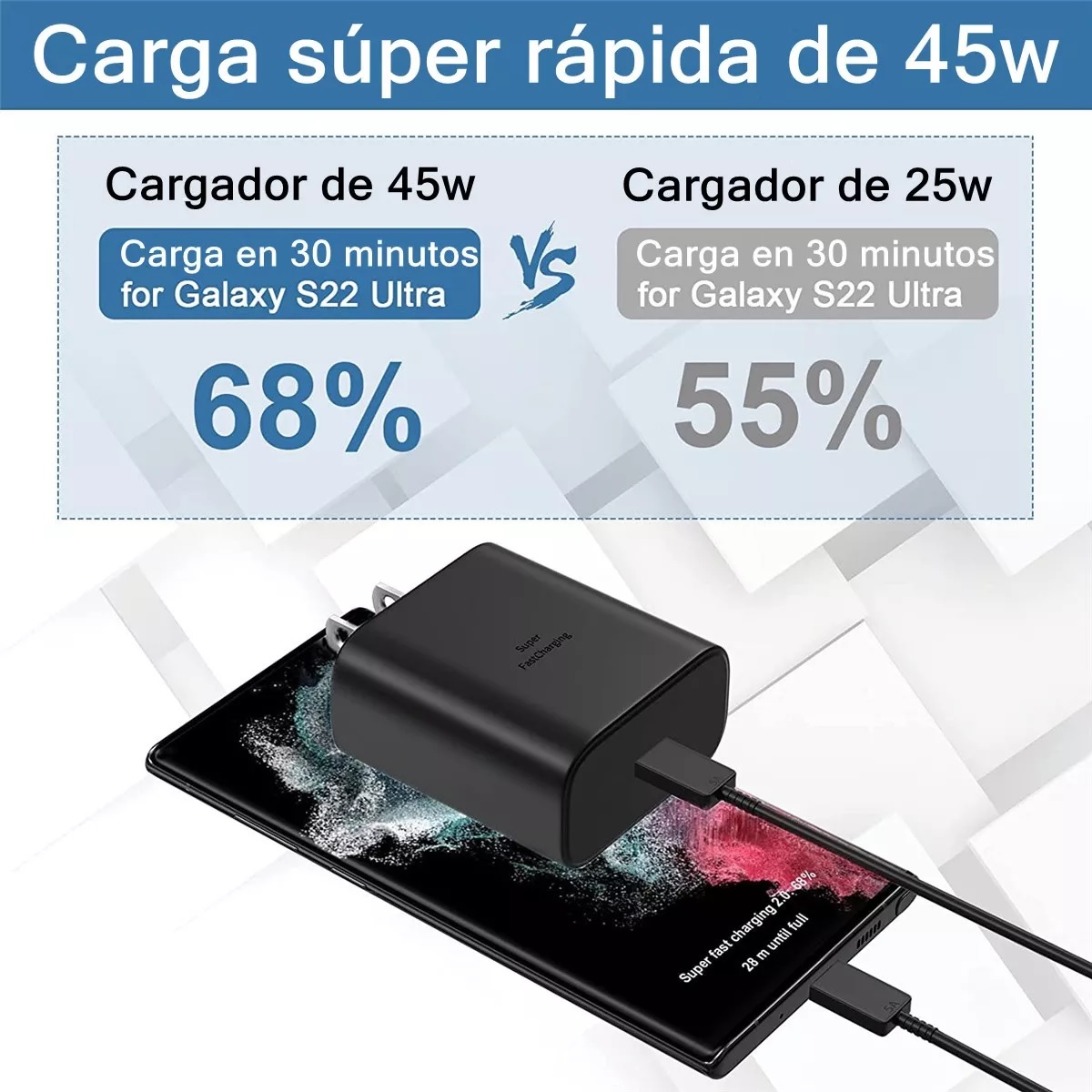 Cargador USB C Carga Rapida 45W para Samsung Galaxy S22+/S22 Ultra