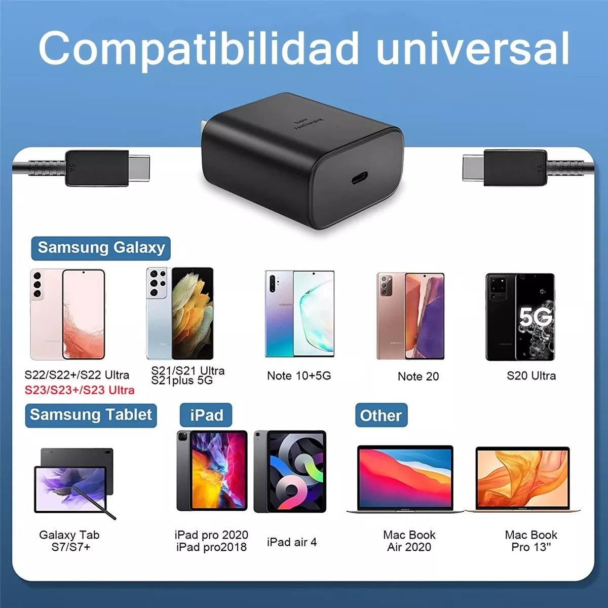 Cargador USB-C De Pared Con Cable Carga Rapida 45W Para Samsung Galaxy S23  Ultra