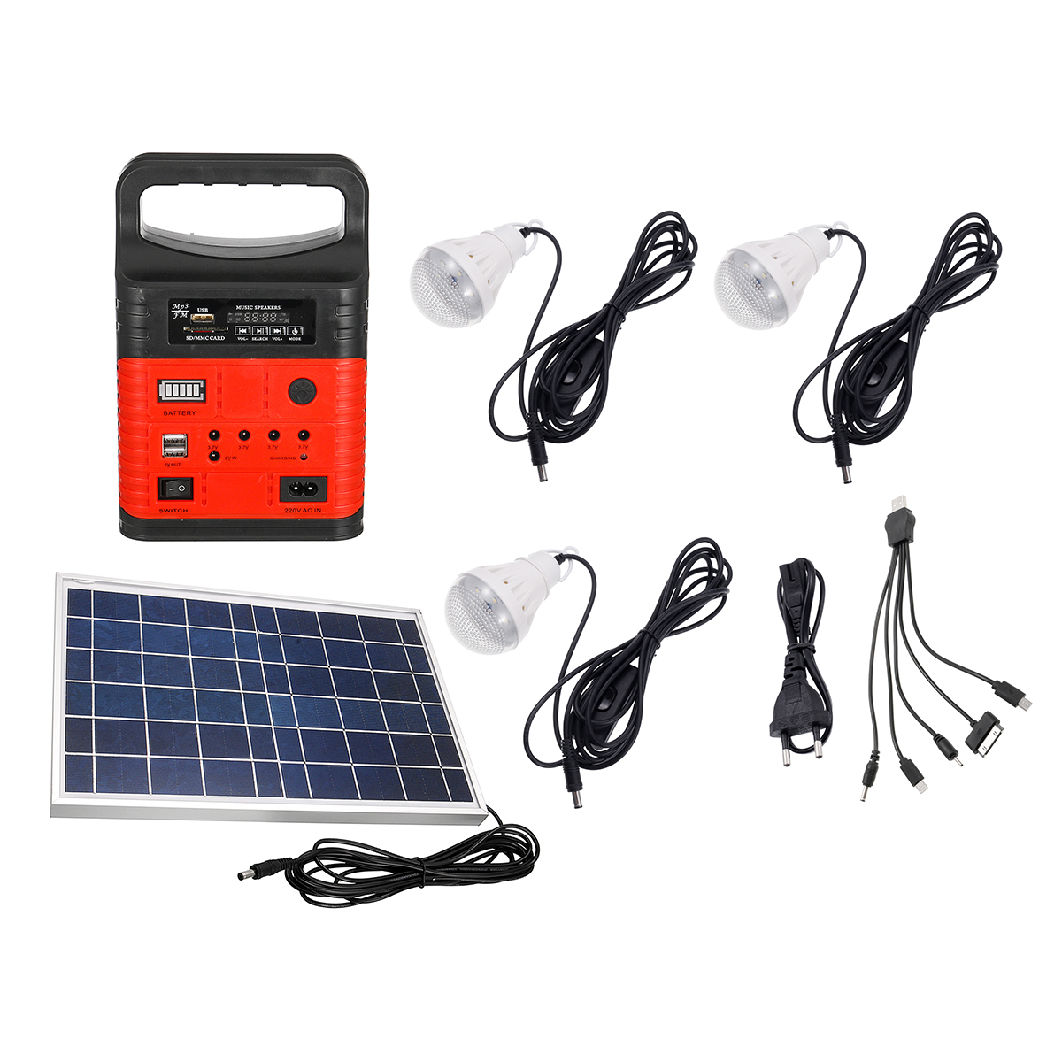 Sistema Solar Generador de Energia con Panel Solar Sistema de Iluminacion Focos Led Radio Lampara Reproductor de MP3 Tarjetas SD Pantalla Led y Conexión a Corriente Master MP-KIT10W