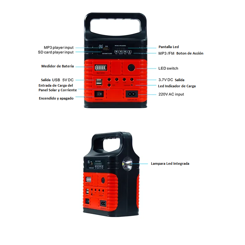 Sistema Solar Generador de Energia con Panel Solar Sistema de Iluminacion Focos Led Radio Lampara Reproductor de MP3 Tarjetas SD Pantalla Led y Conexión a Corriente Master MP-KIT10W